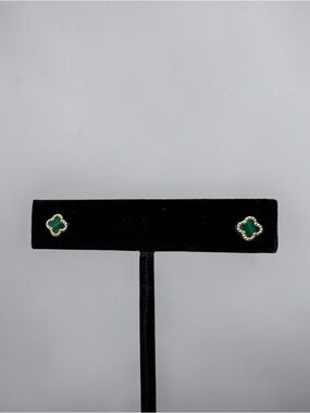 14K Gold Trim Green Clover Stud Earrings